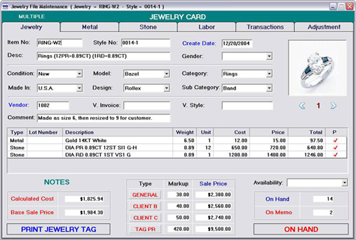Diamond and Jewelry Inventory Card
